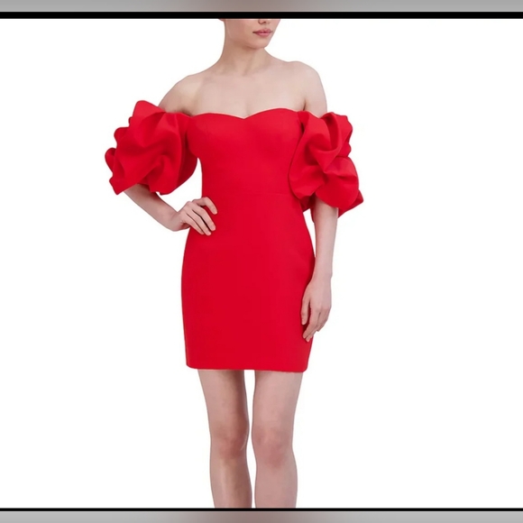 #158 BCBGMAXAZRIA ($368) Mini Dress with statement off the shoulder sleeves NWT - Picture 4 of 5